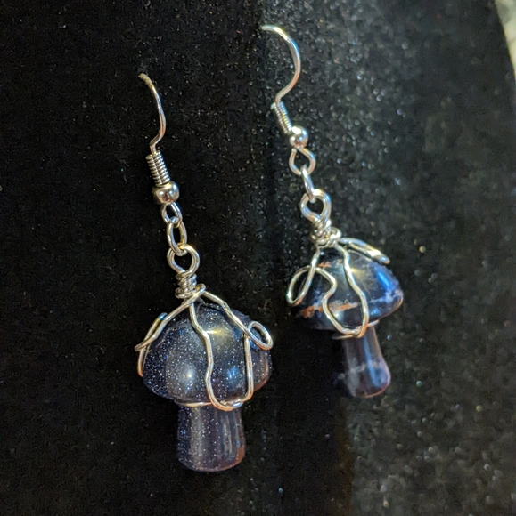 Black Agate And Blue Goldstone Mushroom Artisan Earrings - Picture 6 of 6